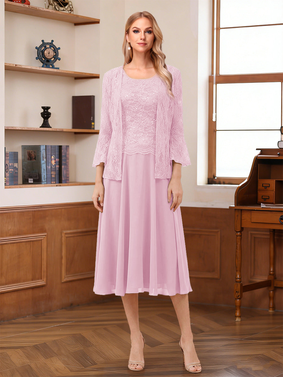 A-Line/Princess Scoop Sleeveless Tea-Length Mother of the Bride Dresses with Lace & Jacket