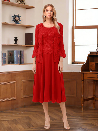 A-Line/Princess Scoop Sleeveless Tea-Length Mother of the Bride Dresses with Lace & Jacket