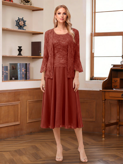 A-Line/Princess Scoop Sleeveless Tea-Length Mother of the Bride Dresses with Lace & Jacket