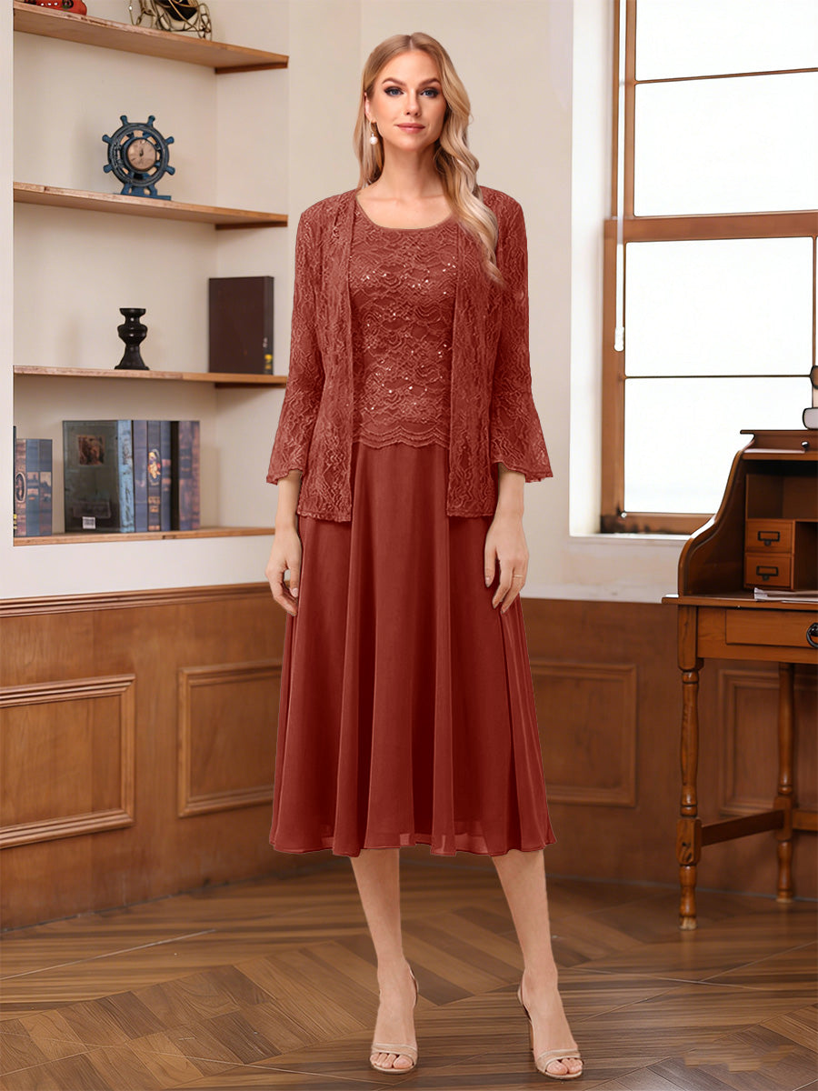 A-Line/Princess Scoop Sleeveless Tea-Length Mother of the Bride Dresses with Lace & Jacket