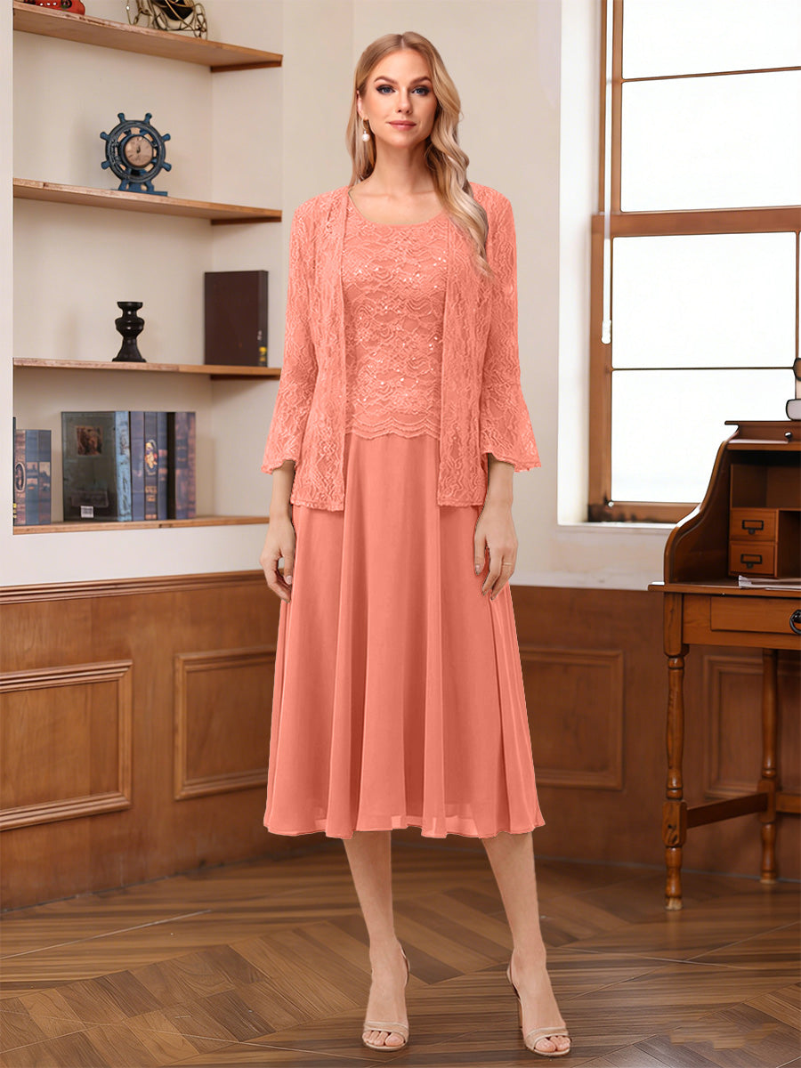 A-Line/Princess Scoop Sleeveless Tea-Length Mother of the Bride Dresses with Lace & Jacket