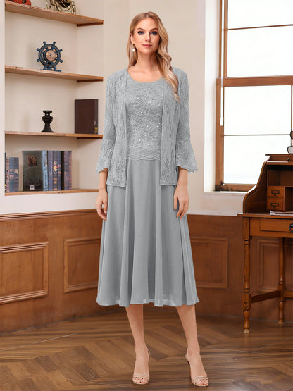 A-Line/Princess Scoop Sleeveless Tea-Length Mother of the Bride Dresses with Lace & Jacket