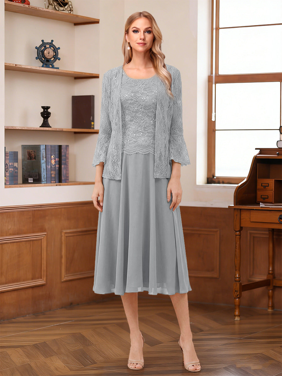 A-Line/Princess Scoop Sleeveless Tea-Length Mother of the Bride Dresses with Lace & Jacket