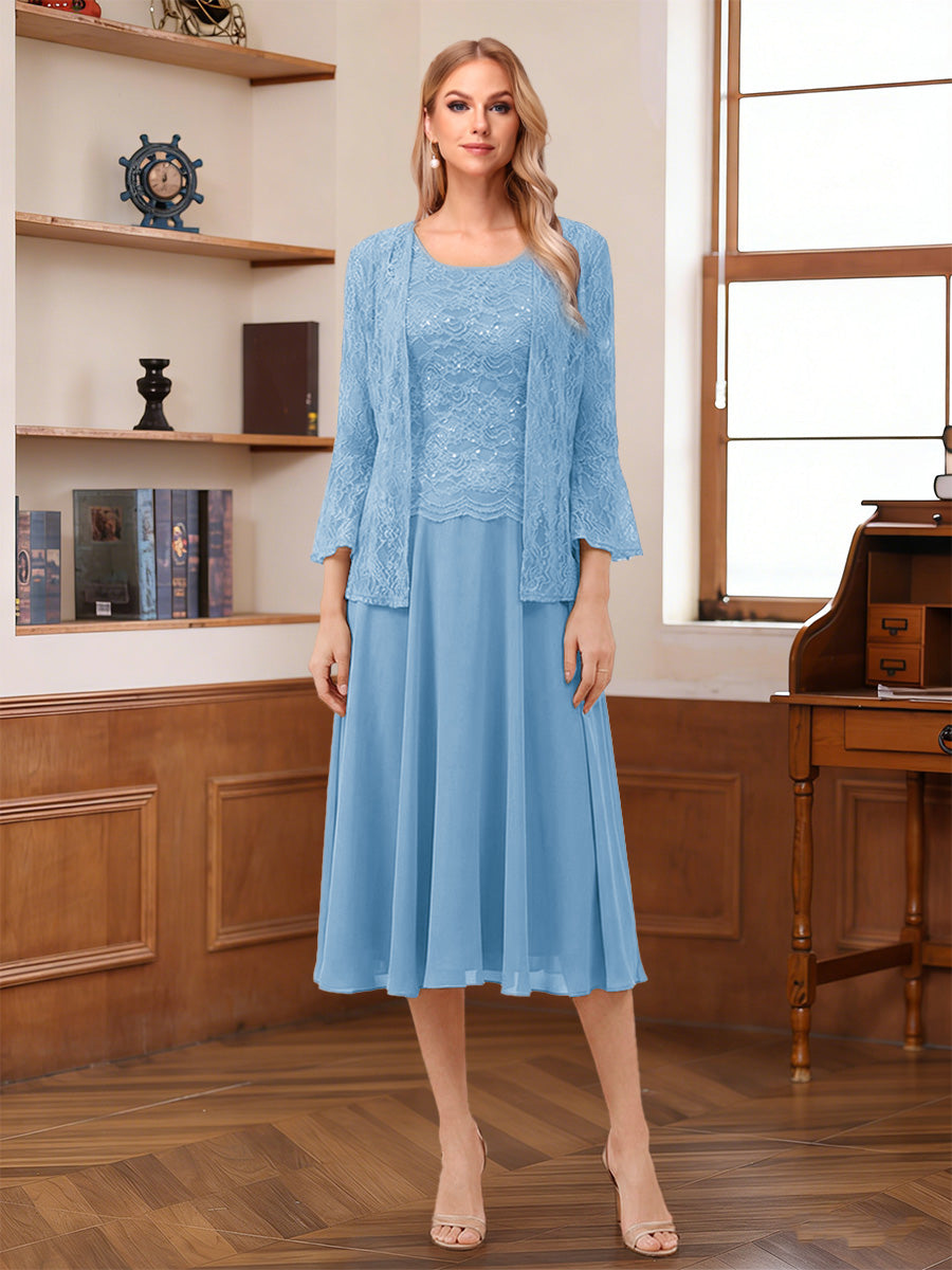 A-Line/Princess Scoop Sleeveless Tea-Length Mother of the Bride Dresses with Lace & Jacket