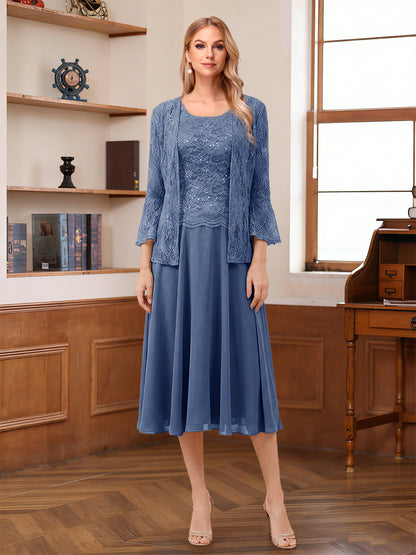 A-Line/Princess Scoop Sleeveless Tea-Length Mother of the Bride Dresses with Lace & Jacket