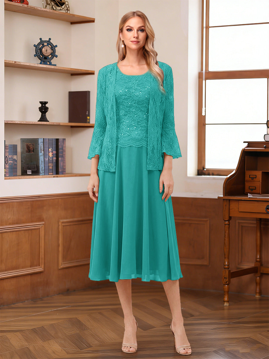 A-Line/Princess Scoop Sleeveless Tea-Length Mother of the Bride Dresses with Lace & Jacket