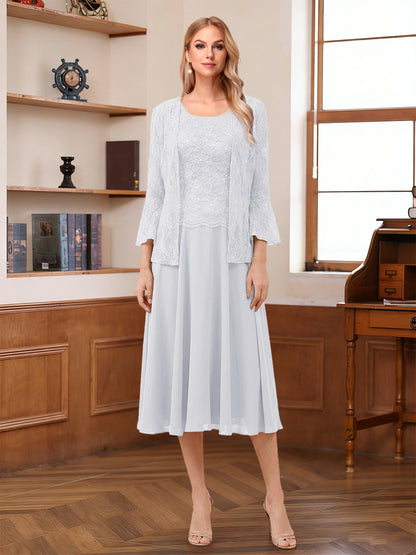 A-Line/Princess Scoop Sleeveless Tea-Length Mother of the Bride Dresses with Lace & Jacket