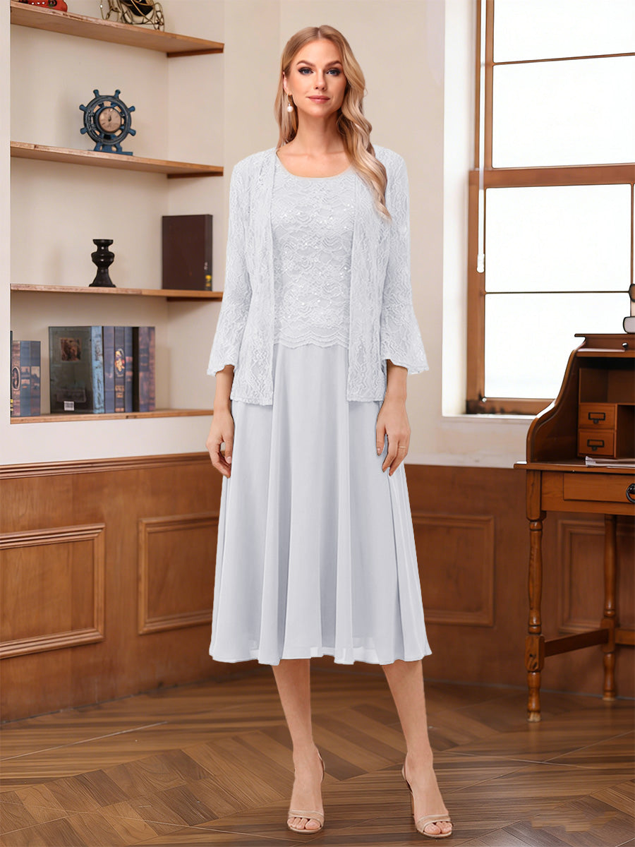 A-Line/Princess Scoop Sleeveless Tea-Length Mother of the Bride Dresses with Lace & Jacket
