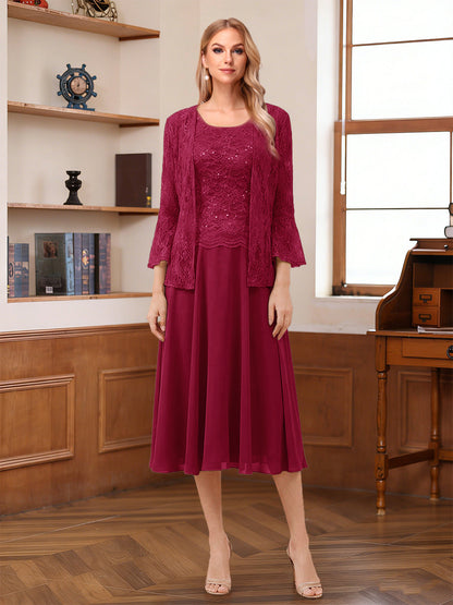 A-Line/Princess Scoop Sleeveless Tea-Length Mother of the Bride Dresses with Lace & Jacket