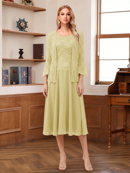A-Line/Princess Scoop Sleeveless Tea-Length Mother of the Bride Dresses with Lace & Jacket