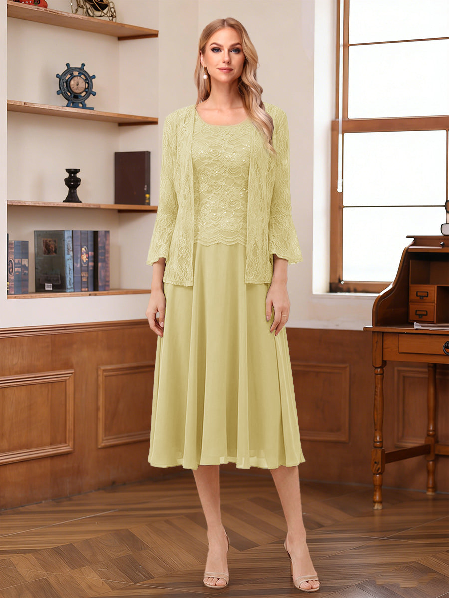 A-Line/Princess Scoop Sleeveless Tea-Length Mother of the Bride Dresses with Lace & Jacket