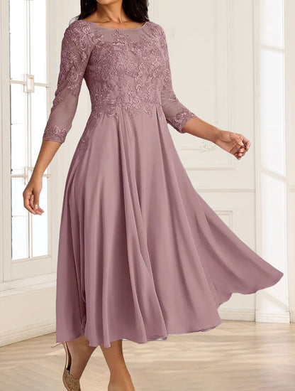 A-Line/Princess Scoop 3/4 Sleeves Tea-Length Mother of the Bride Dresses with Applique & Lace