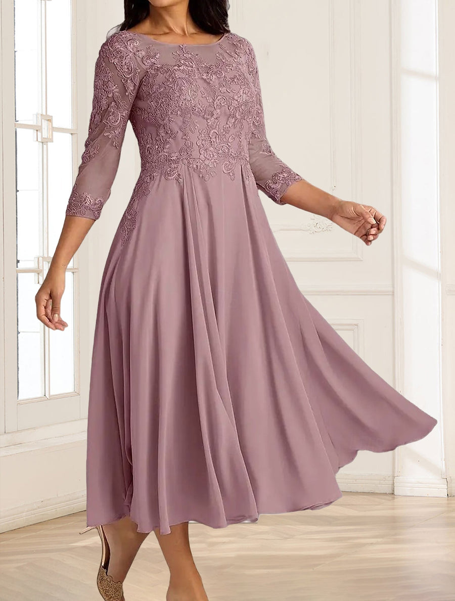 A-Line/Princess Scoop 3/4 Sleeves Tea-Length Mother of the Bride Dresses with Applique & Lace