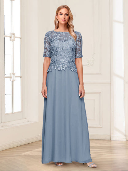 A-Line/Princess Scoop Half Sleeves Floor-Length Mother of the Bride Dresses with Applique & Lace