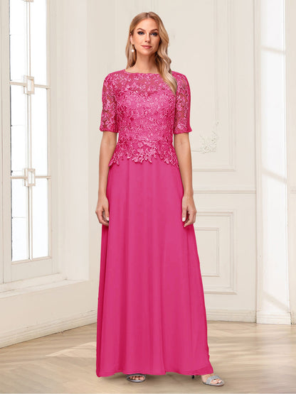 A-Line/Princess Scoop Half Sleeves Floor-Length Mother of the Bride Dresses with Applique & Lace