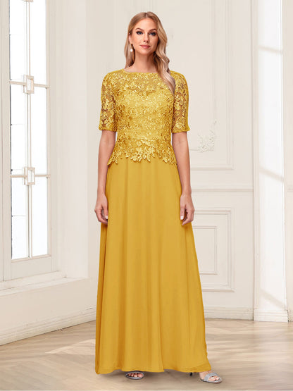 A-Line/Princess Scoop Half Sleeves Floor-Length Mother of the Bride Dresses with Applique & Lace