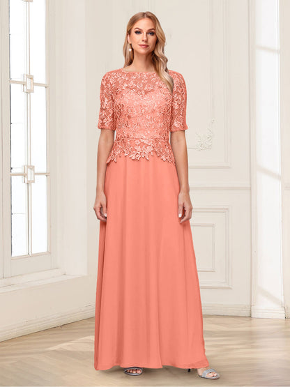 A-Line/Princess Scoop Half Sleeves Floor-Length Mother of the Bride Dresses with Applique & Lace
