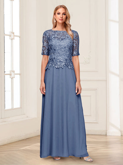 A-Line/Princess Scoop Half Sleeves Floor-Length Mother of the Bride Dresses with Applique & Lace