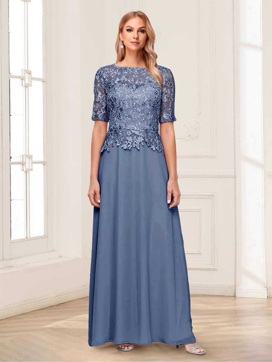 A-Line/Princess Scoop Half Sleeves Floor-Length Mother of the Bride Dresses with Applique & Lace