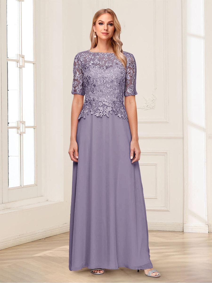 A-Line/Princess Scoop Half Sleeves Floor-Length Mother of the Bride Dresses with Applique & Lace