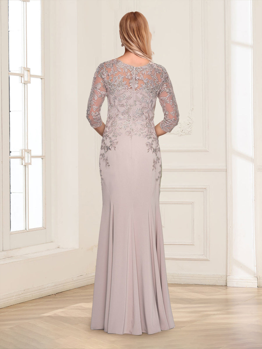 Sheath/Column V-Neck 3/4 Sleeves Floor-Length Mother of the Bride Dresses with Applique & Lace
