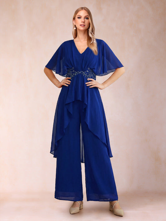 Jumpsuits V-Neck Short Sleeves Ankle-Length Mother of the Bride Dresses with Applique & Sash