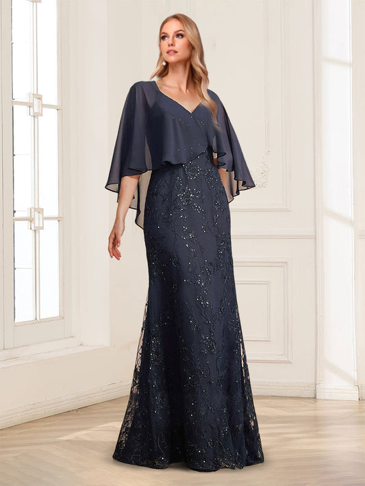Sheath/Column V-Neck Half Sleeves Floor-Length Mother of the Bride Dresses with Applique & Lace