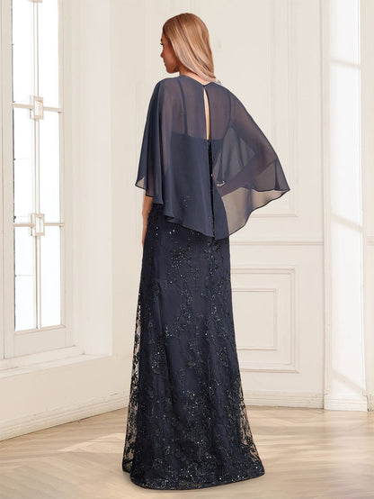 Sheath/Column V-Neck Half Sleeves Floor-Length Mother of the Bride Dresses with Applique & Lace