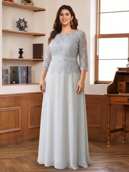 A-Line/Princess Scoop 3/4 Sleeves Floor-Length Plus Size Mother of the Bride Dresses with Lace & Applique