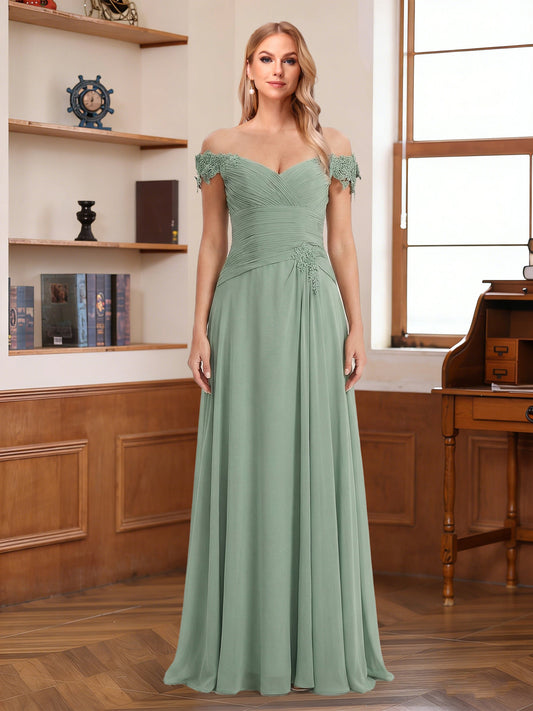 A-Line/Princess Off-the-Shoulder Short Sleeves Floor-Length Mother of the Bride Dresses with Applique