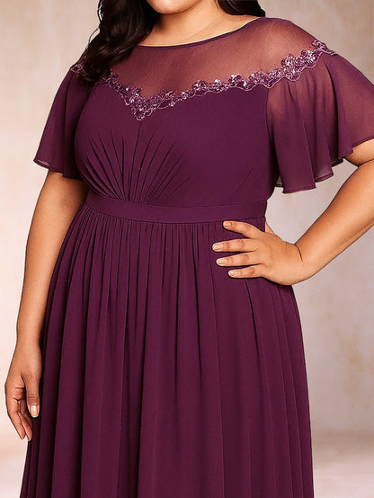 A-Line/Princess Scoop Short Sleeves Floor-Length Plus Size Mother of the Bride Dresses with Applique