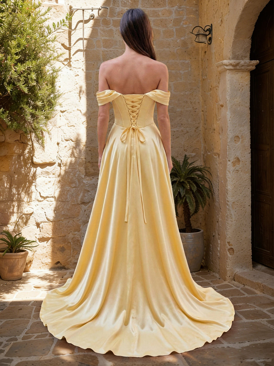 A-Line/Princess Off-the-Shoulder Short Sleeves Basque Waist Prom Dresses with Split Side