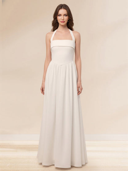 A-Line/Princess Halter Sleeveless Basque Waist Prom Dresses
