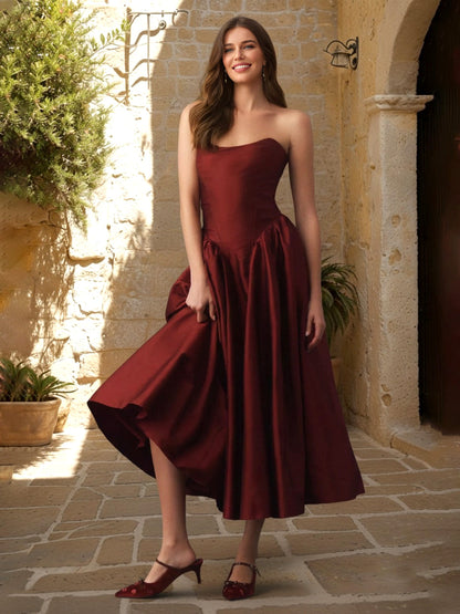 A-Line/Princess Strapless Sleeveless Basque Waist Prom Dresses with Ruched