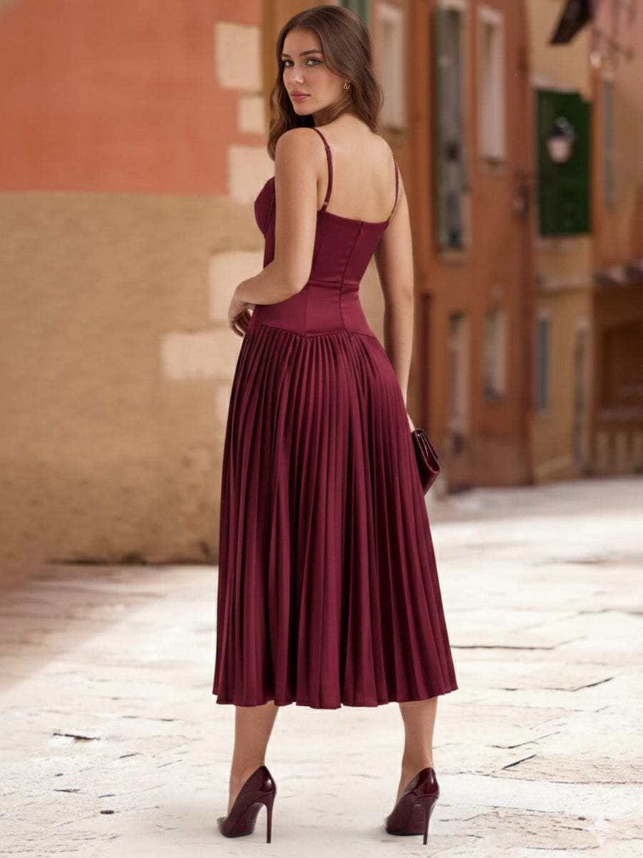 A-Line/Princess Spaghetti Straps Sleeveless Tea-Length Prom Dresses with Pleats