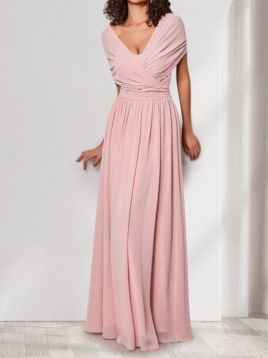A-Line/Princess V-Neck Short Sleeves Chiffon Bridesmaid Dresses With Bowknot
