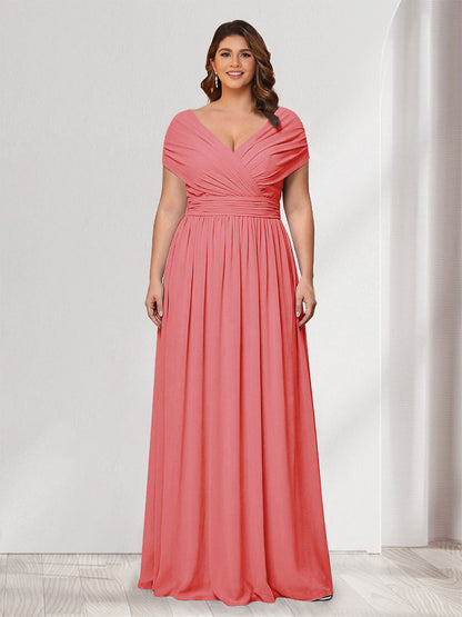 A-Line/Princess V-Neck Short Sleeves Chiffon Plus Size Bridesmaid Dresses With Bowknot