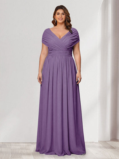 A-Line/Princess V-Neck Short Sleeves Chiffon Plus Size Bridesmaid Dresses With Bowknot