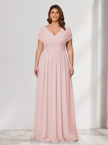 A-Line/Princess V-Neck Short Sleeves Chiffon Plus Size Bridesmaid Dresses With Bowknot