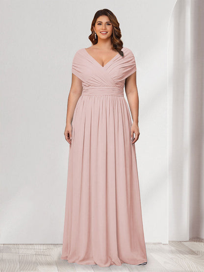 A-Line/Princess V-Neck Short Sleeves Chiffon Plus Size Bridesmaid Dresses With Bowknot