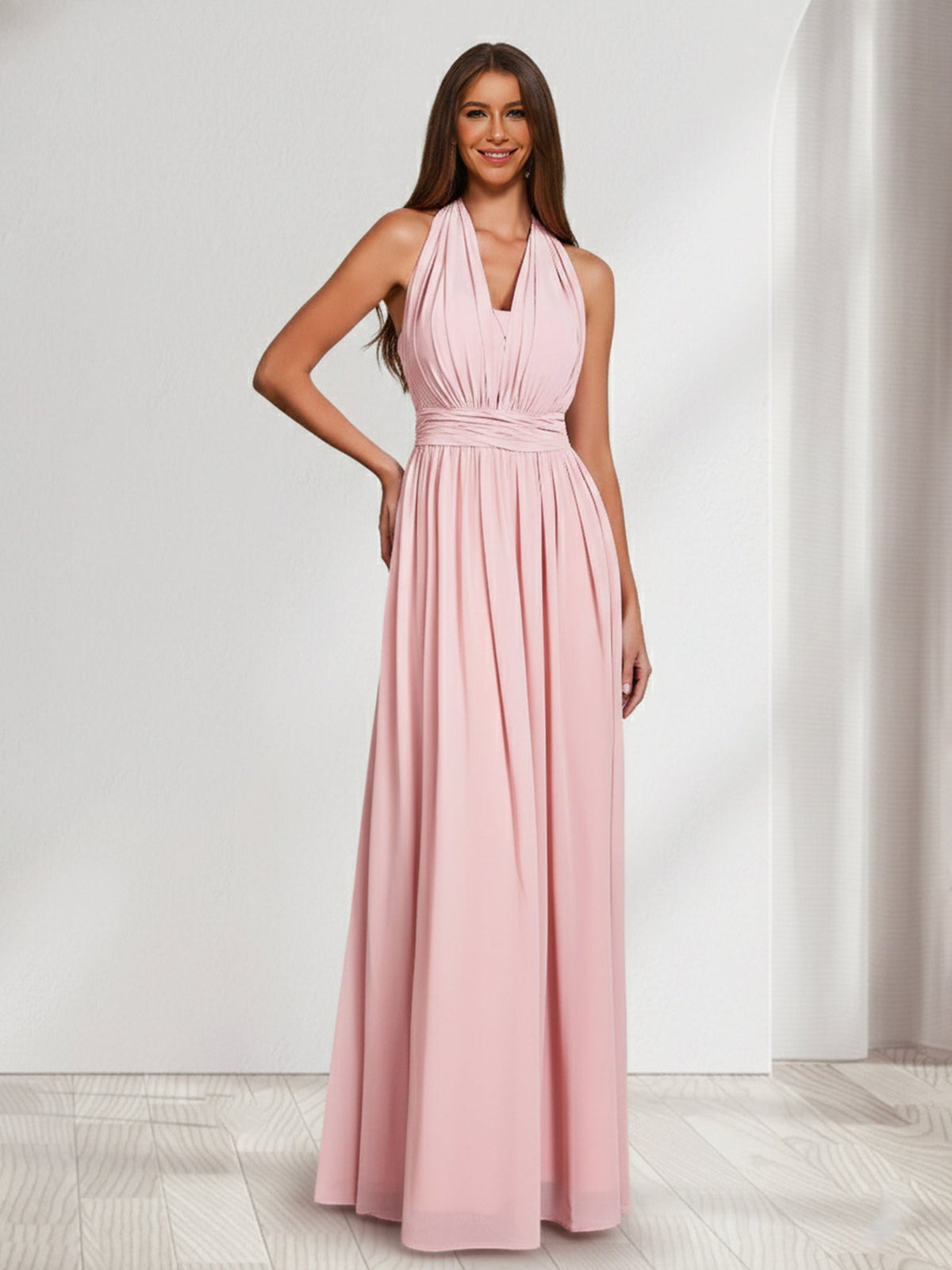 A-Line/Princess Halter Sleeveless Chiffon Bridesmaid Dresses with Ruched