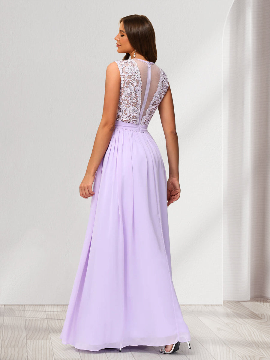 A-Line/Princess Scoop Sleeveless Floor-Length Bridesmaid Dresses With Lace & Applique