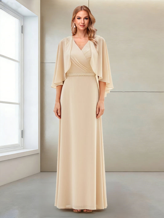A-Line/Princess V-Neck Half Sleeves Floor-Length Mother of the Bride Dresses with Beading & Applique