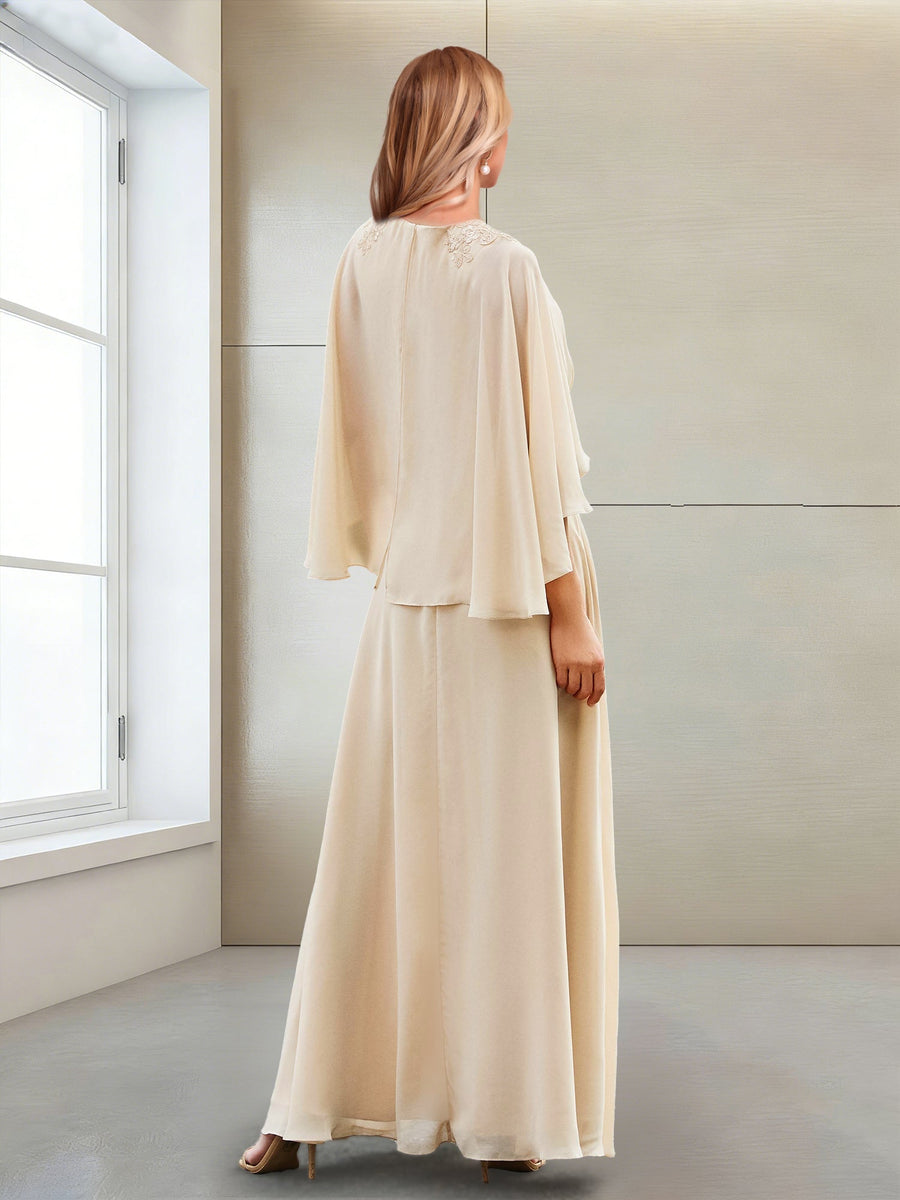 A-Line/Princess V-Neck Half Sleeves Floor-Length Mother of the Bride Dresses with Beading & Applique