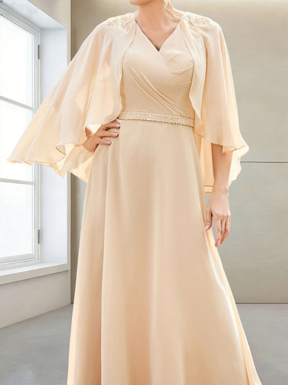 A-Line/Princess V-Neck Half Sleeves Floor-Length Mother of the Bride Dresses with Beading & Applique