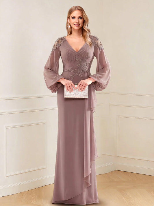Sheath/Column V-Neck Long Sleeves Floor-Length Mother of the Bride Dresses with Lace & Applique