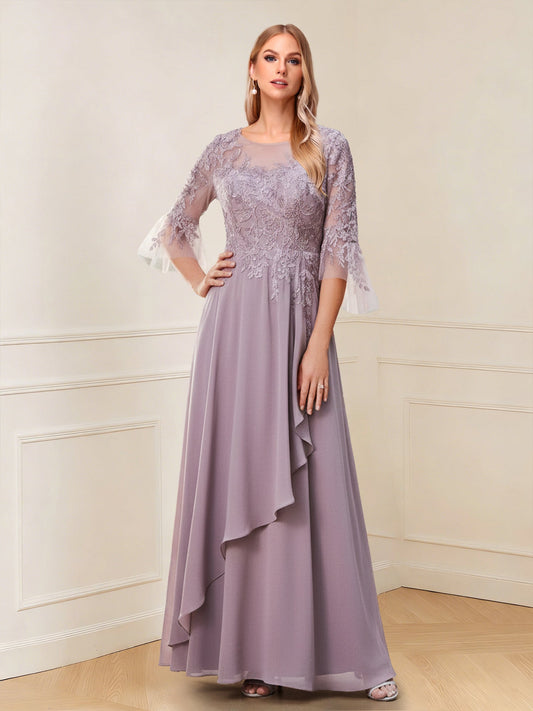 A-Line/Princess V-Neck 3/4 Sleeves Floor-Length Mother of the Bride Dresses with Lace & Applique