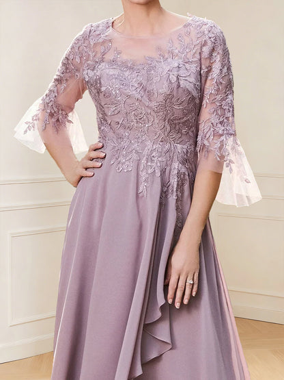 A-Line/Princess V-Neck 3/4 Sleeves Floor-Length Mother of the Bride Dresses with Lace & Applique