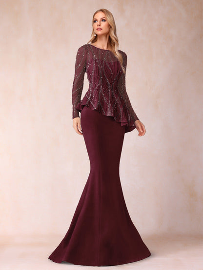 Sheath/Column Scoop Long Sleeves Floor-Length Mother of the Bride Dresses with Rhinestone