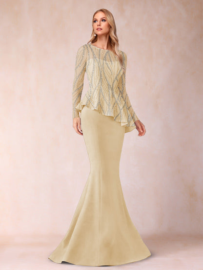 Sheath/Column Scoop Long Sleeves Floor-Length Mother of the Bride Dresses with Rhinestone